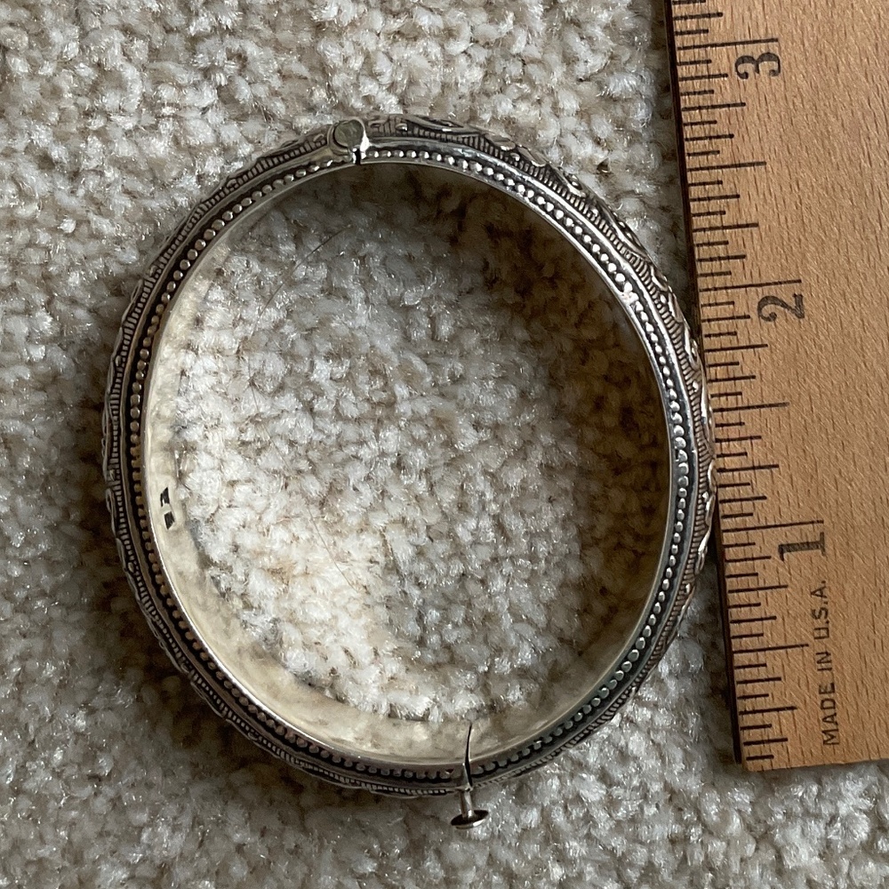VTG Sterling Silver 925  Etched Hinged Hollow Bangle Bracelet - Picture 8 of 11